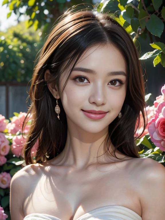 (best quality), (masterpiece), a portrait of a stunning smiling Venus striking a captivating pose, and background is black empty space and full of beauty flowers. (elegant:1.3), (detailed features:1.2), (vibrant colors:1.1), (soft lighting:1.2), (graceful:1.2), (feminine:1.1), (high resolution:1.2)