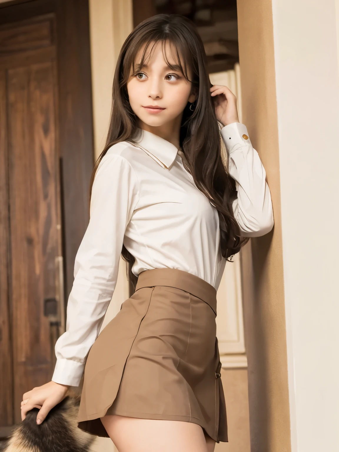 ((Highest quality, 8k)), ((masterpiece)), (Highest Resolution), Perfect Face, Woman with a raccoon tail, Female college student, Beautiful woman, public, ending, She has a thick tail, Big raccoon tail, She has a brown raccoon tail in her skirt., She wags her tail, Surprised face,  she is wearing a short skirt, Beautiful Hips , Small breasts, The hem of the skirt is rolled up, Bushy Tail