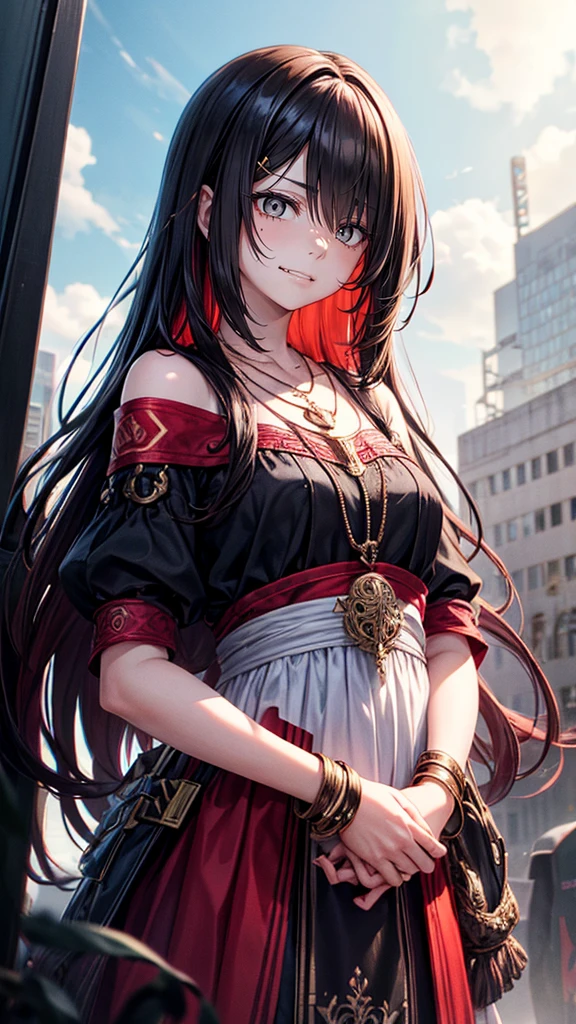 , Intricate details, Chromatic Aberration, 1 Girl, Long hair, Black Hair, Messy hair, Red highlights, Hair covering one eye, Red Eyes, Sharp eyes, Necklace,, , armband, Put your hands behind your back, Tied arms,  