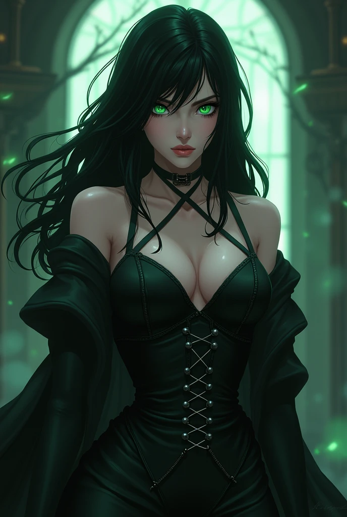 woman with dark green hair , wearing dark green and black outfit , with moons and skull patter