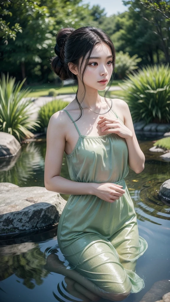 Create a realistic and serene illustration of a tranquil pond, with the water crystal clear and gently shimmering. The key focus should be the reflection of Xi Shi on the water’s surface, as if her beauty is only visible through the water’s mirror-like quality. Depict Xi Shi’s reflection in elegant green attire, with her sleek ponytail and natural black hair. Her figure should be glamorous and graceful, with the reflection showing subtle details of her features and posture, but without her physical presence in the scene. The surrounding environment should be calm and natural, with trees and rocks framing the pond, while soft, natural lighting enhances the peaceful atmosphere. Ensure the reflection appears lifelike and refined, blending seamlessly into the serene setting