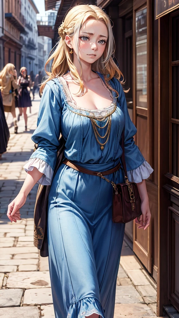(masterpiece, Julie Bowen1.1) like a peasant, 8K, 1 girl, pretty face, beautifully detailed eyes, very detailed, visible waist, big breasts, huge breasts,MICRO dress, hairline, dancing in spring, totally dress, medieval, portrait, harbor in the background, cages, full body, ((oil painting)), full cleavage
