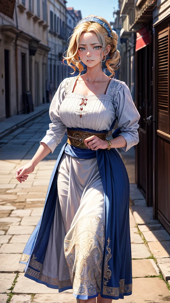 , Masterpiece photo-realistic, Intricate details, RAW photos, Extremely detailed, old fashioned Young woman, Wearing peasant clothing, No neckline, blond, Perfect details and blue eyes, Walking in an ancient city, High-definition quality, 8K, Young woman, 20 years old