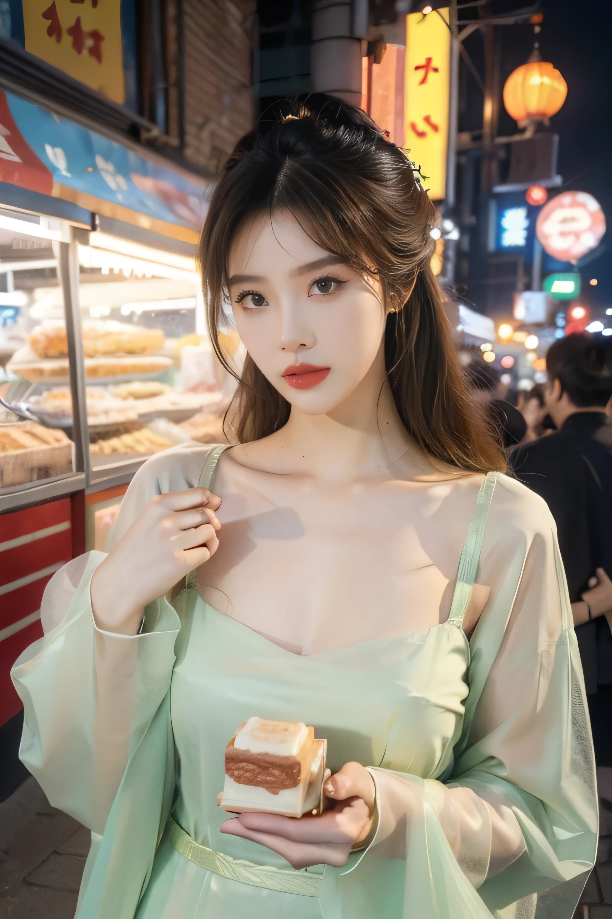 (((The best))),(((Super detailed))),(((masterpiece))),illustration,1 girl,See through the tulle Korean traditional clothing,Slim,Large breasts,Cleavage,lol, Summer Night,korea cityscape, street, neon lights, fair, bright colors, Detailed facial features,Medium long hair, grace, cultural atmosphere, Busy city, Brilliant advertising, Reflection, Lively atmosphere, street food aroma，Holding a box of mooncakes