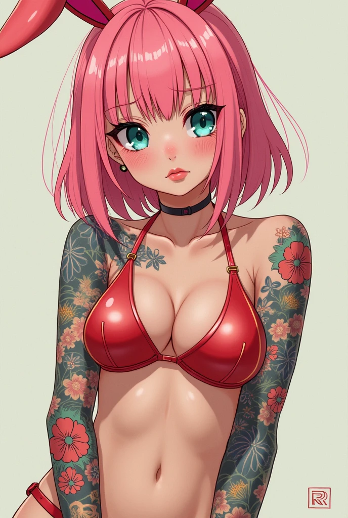 1menina, solo, tatuagem, olhando para o espectador, ombros nus, sexy, seios, corpo inteiro, orelhas de gato, dentro de casa, cabelo longo, cabelo branco, olhos vermelhos, NSFW