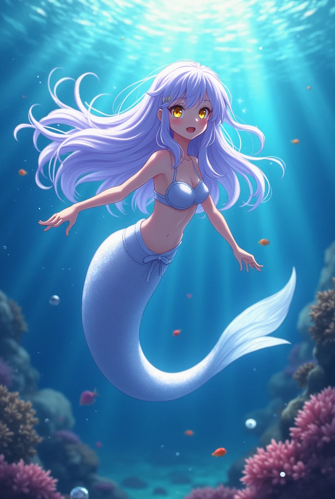 Pretty anthropomorphic mouse girl magically transformed into a alluring mermaid, race swap, sharp teeth, is smiling, drawn in anime style, fishlike, very long curly white hair, red eyes, white fur, slim body, whiskers, mouse ears, long mermaid tail below waistline, shimmering cyan fish scales, pelvic and dorsal fins, a pair of fish gills on her torso, seashells bra, pearl earrings and bracelets, pearl necklace, swimming underwater, ocean depth, Highly detailed, masterpiece, high quality, 4K.