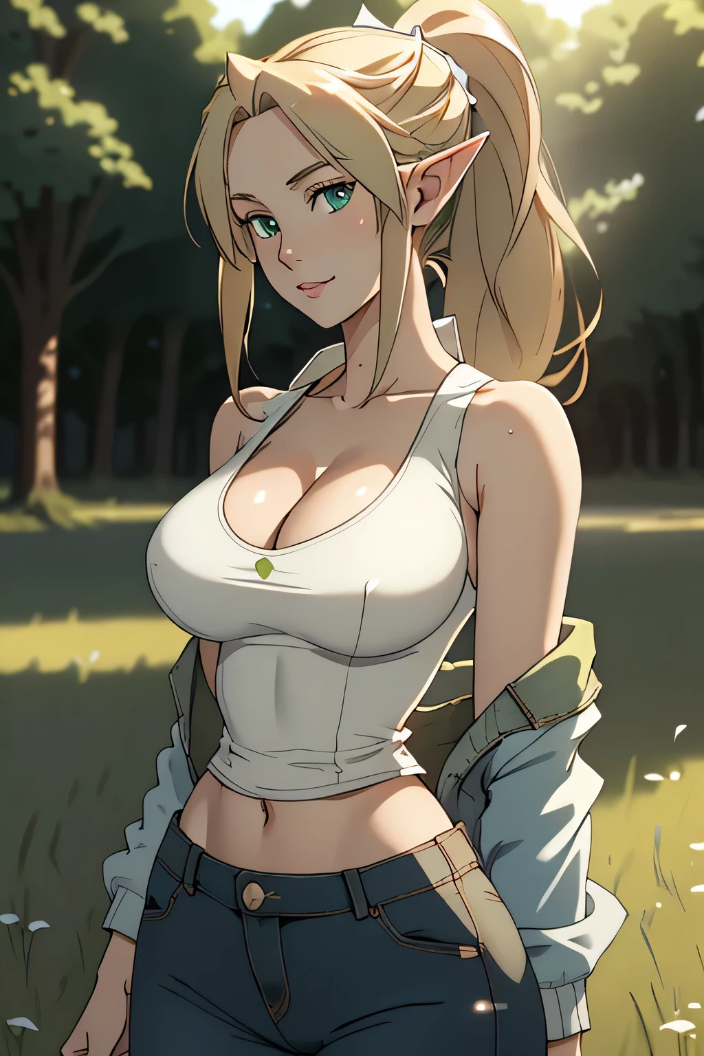 close up 1girl in, photo of leafa, Kirigaya Suguha, Solo, (straight blonde hair, ponytail, very long blonde hair, vivid green eyes), (perfect clear skin, pale skin, detailed skin, massive breasts, round breasts, Cleavage, perfect body), (thin hips, thin waist: 1.25), neutral face, cute smile, elf ears, (wearing an open jean jacket, White tank top, blue jeans:1.1), walking through a dog park, Trees and open fields, (realistic photo, best quality, detailed), (8k wallpaper), (cinematic lighting, beautiful light, (day:1.3)) (sharp focus, intricate), (dslr, realistic, looking at viewer, sharp focus, delicate, soft colors, cinematic)