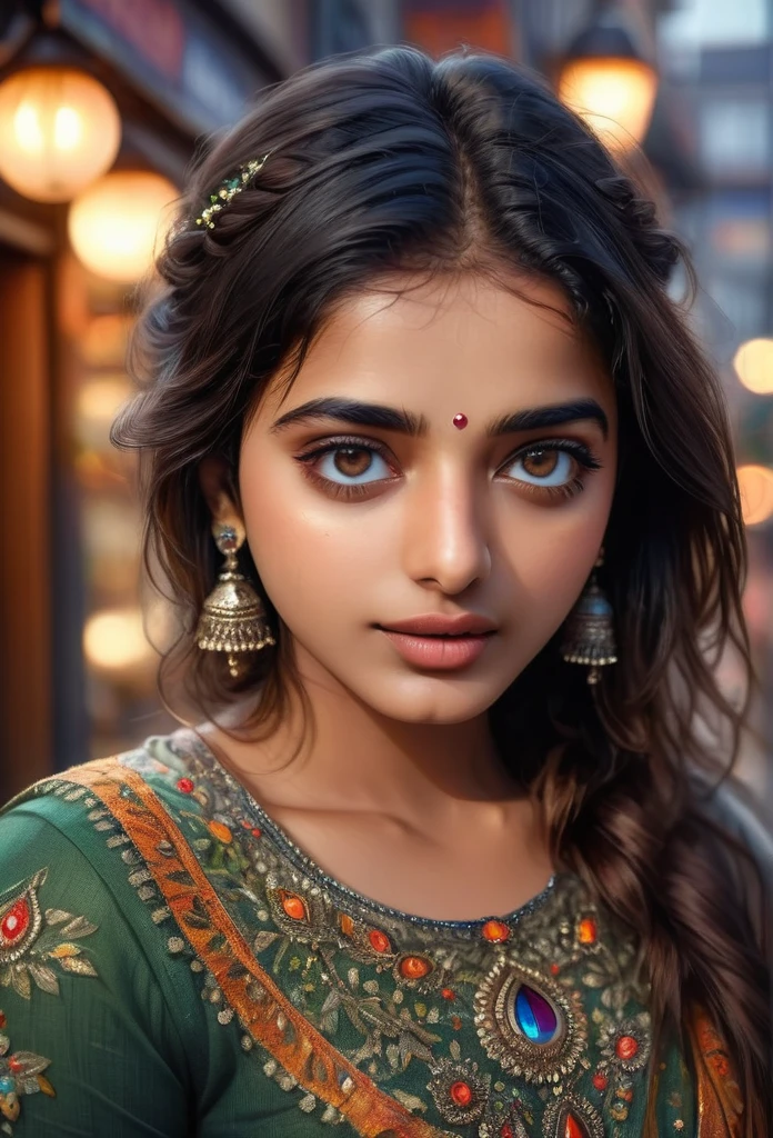 A beautiful detailed indian girl, upper half body, on a euro street, wearing random casual wear, detailed facial features, beautiful eyes, beautiful lips, long eyelashes, intricate hairstyle, (best quality,4k,8k,highres,masterpiece:1.2),ultra-detailed,(realistic,photorealistic,photo-realistic:1.37),HDR,UHD,studio lighting,ultra-fine painting,sharp focus,physically-based rendering,extreme detail description,professional,vivid colors,bokeh,portrait, ketika 