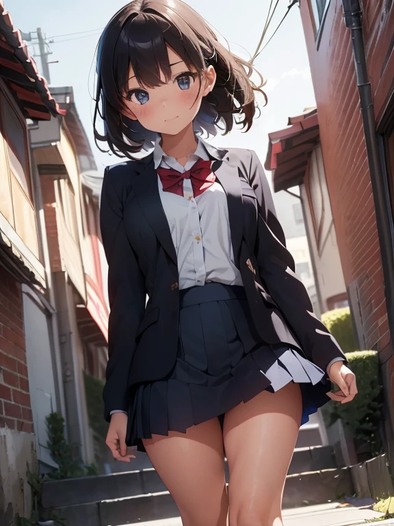 (((masterpiece, highest quality, High resolution, 超High resolution, Perfect Pixel, Depth of written boundary, 4K, RTTX 10.0))), Beautiful Anime Woman, Beautiful art style, Anime characters, ((Smooth texture, Realistic texture, Anime CG Style)), Exact finger count、Exact number of legs、(Exact number of arms:1.0, Exact number of hands:1.0), (Perfect hands, Perfect Anatomy), Cinematic, Realistic, Extremely detailed CG, Daytime lighting, Perfect lighting, Best Shadow, The best natural light, whole body, Perfect body, (Slender body:1.2), ((Long Hair, bangs, Dark brown hair, Stylish hairstyle, Bobcut)), (Detailed face, Beautiful Face, Beautiful eyelashes), (An adult woman is walking:1.4), (Fashionable white shirt, Sailor collar, Navy blue knee socks, loafers, Navy pleated mini skirt:1.3)、Front angle from the first half, ((Stylish shiny satin panties, Side-tie light blue panties, The panties are a simple light blue color with black lace on the sides.:1.3)), (Beautiful and big breasts:1.2), (Beautiful and thin thighs:1.3), Feeling embarrassed, (blush:1.2), (Very embarrassed look:1.4), (City hustle and bustle, Buildings on the background, Sidewalk, Intersection in the background, Akihabara-like streetscape, Many people dressed in clothes in the background々:1.4), The wind flips up my skirt