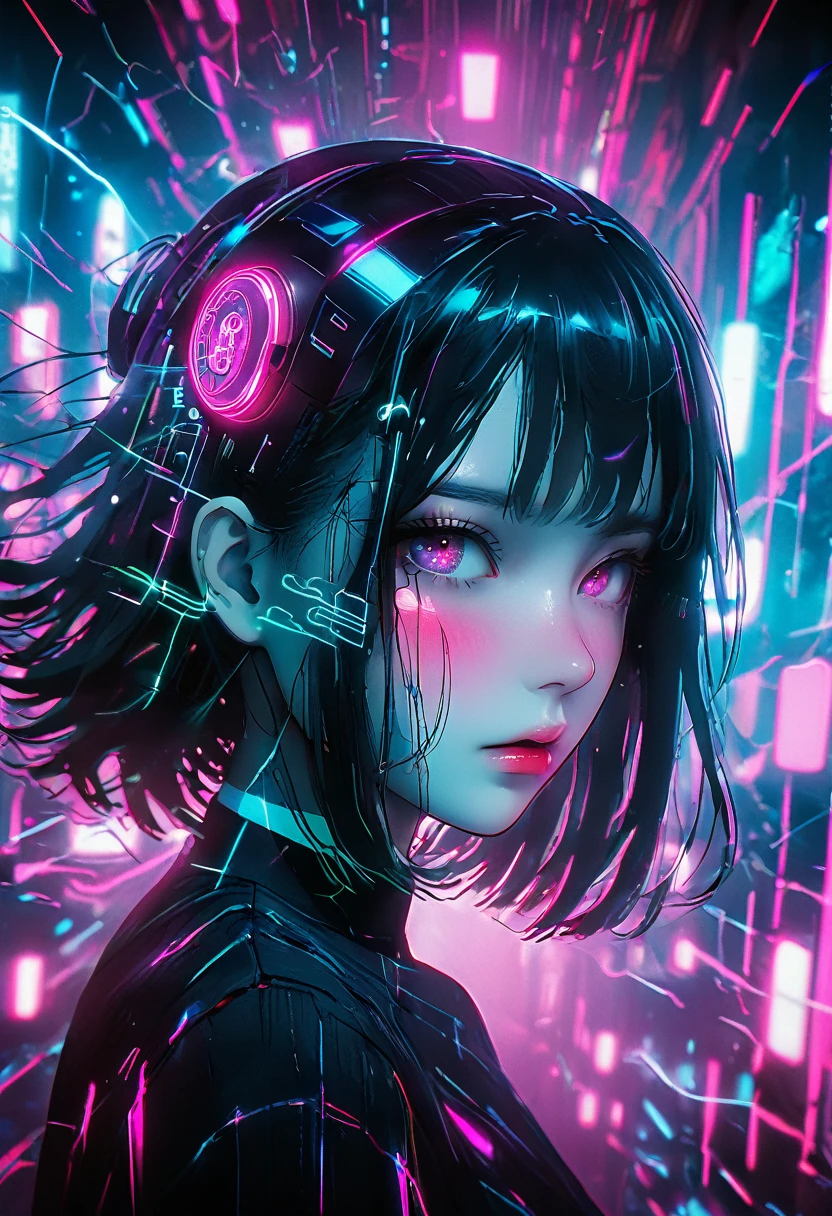 Surreal horror, Anime Style, Cinematic, High contrast, Vivid Colors、Spooky atmosphere, psychological tension, Complex line drawing, Nightmare、Cybersurreal