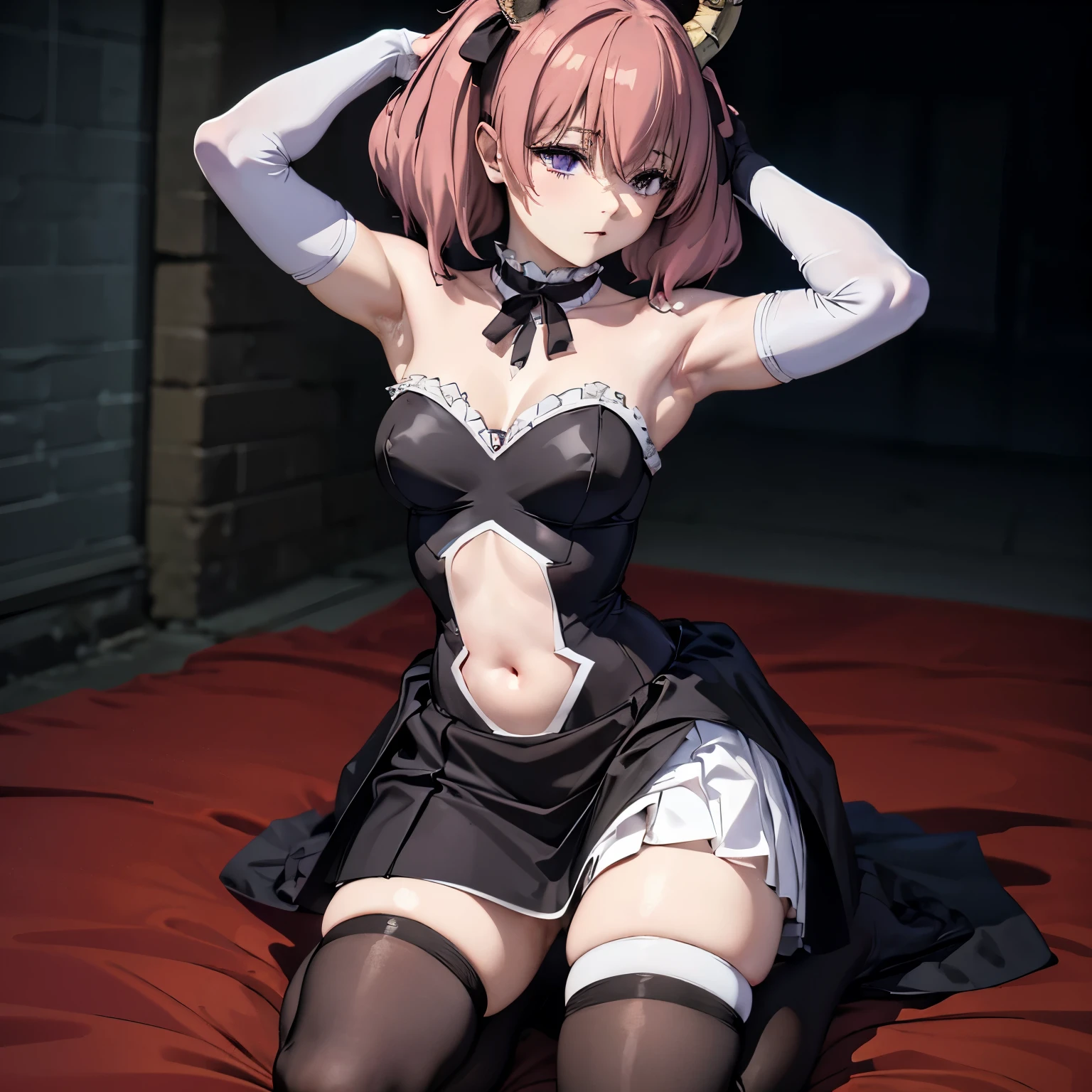 (best quality), (highly detailed), masterpiece, (official art), navel, cleavage, ((navel cutout)), bare shoulders, skirt, thighhighs, black thighhighs, gloves, strapless dress, white skirt, choker, black gloves, elbow gloves, necklace, red waist cape, zettai ryouiki, horn, thigh boots, 1girl, solo, medium breast, lineye, short twintails, hair between eyes, pink hair, medium hair, dark red hair ribbon, pointy ears, purple eyes, (((hands behind head, armpits, kneeling)))