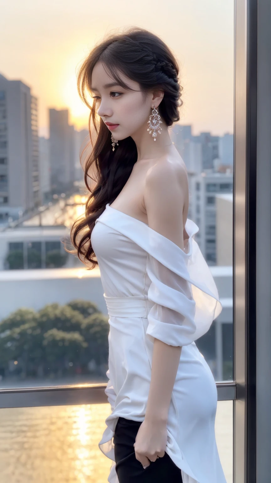 1 beautiful girl, sad girl, sitting by the window, long hair, beautiful face without blemishes, rosy face, earrings, brown eyes, thin eyebrows, most thorough makeup is eyelashes, Pink lipstick, lips petite, graceful smile, The breasts are full and round, slim waist, moderately big butt, long legs, wear a thin white shirt that reaches to the waist, black mesh stockings, long hair, one afternoon, sunset is fading, sky color orange, clear sunset background image, sad girl, sitting by the window, quality best image quality, 8k quality, real girl, girl portrait sitting by the window, artwork, upper body