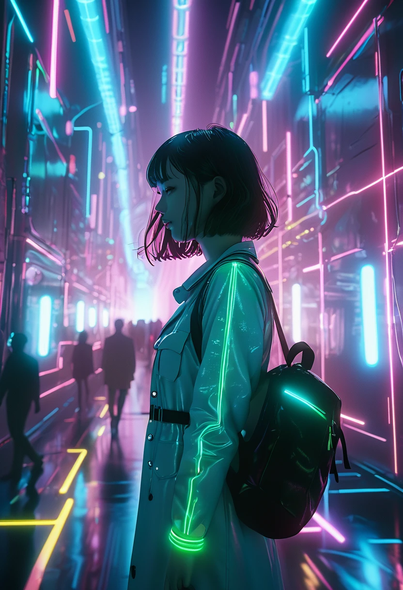 Surreal horror, Anime Style, Cinematic, High contrast, Vivid Colors、Spooky atmosphere, psychological tension, Complex line drawing, Nightmare、Cybersurreal、Converging fluorescent neon lights