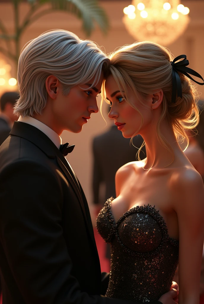 A man with light silver long hair, long bangs, blue eyes in an elegant suit, at a fashionable party, with a serious face, fit, smiling next to him is an incredibly beautiful young femme fatale blonde, she has blue eyes, long golden hair, gathered in a beautiful hairstyle, decorated with a scarlet ribbon, long bangs, she is wearing an elegant sophisticated evening dress of golden color, embroidered with rhinestones, sequins, a beautiful figure, a deep neckline, a cleavage between the breasts. They're in love.