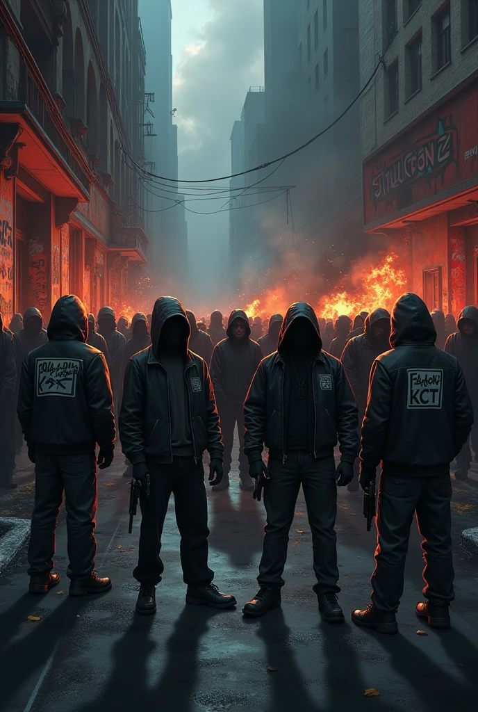 two skeleton metalheads guys wearing leather jackets and holding baseball bats standing still on a burning car in a riot scenario, dark, aggressive, gangster.