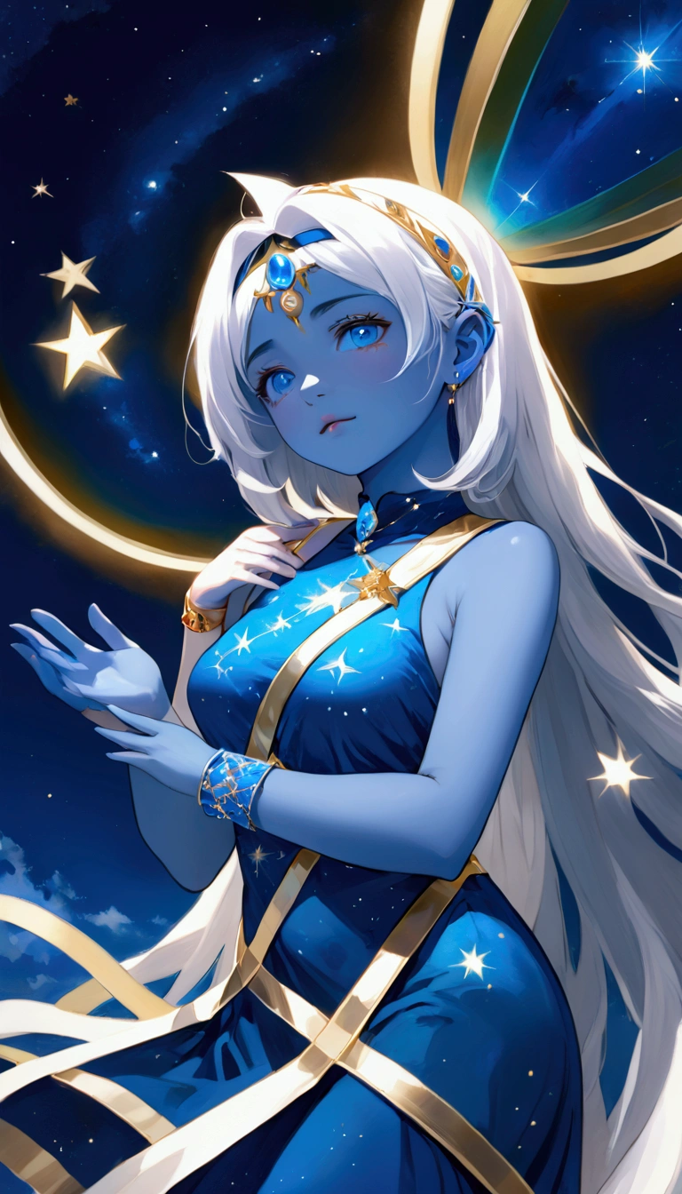 ,1 girl,blue skin,white hair,long hair,headband,blue gem on forhead,blue dress,gold ornament,gold harness,split hip,bangs,deep of filed,(SuperQuality:1.0) ~ (SuperQuality:1.2), AissistXLv2,lighting,floating,blue moon,starry sky