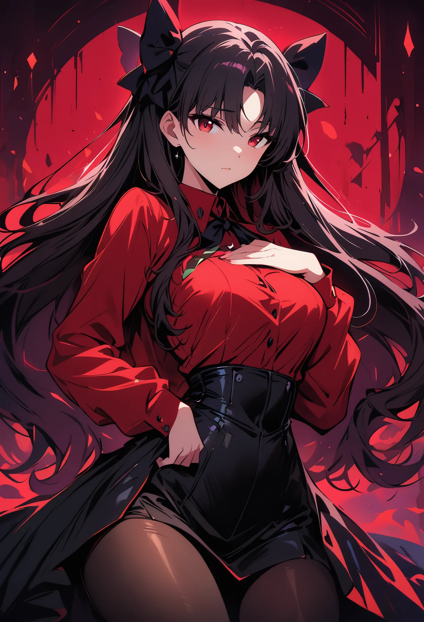 Rin Tohsaka,(masterpiece, Best quality:1.2), Black Light Art,1 girl, solitary,Tights,Chest,,Tights,Busty