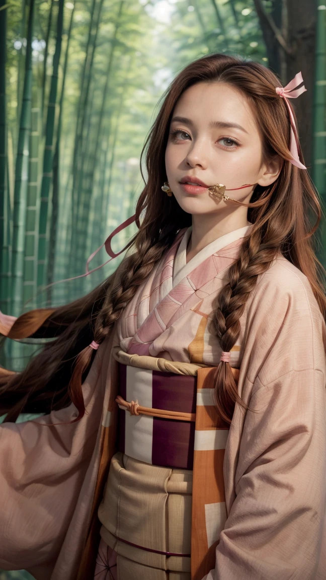 (((masterpiece))), nezuko, One girl, bamboo, bit gag, Brown Hair, Checked sash, gag, gagged, Gradient Hair, hair ribbon, Haori, kimono, kimono, Long Hair, View your viewers, Multicolored Hair, Orange Hair, Pink Eyes, pink kimono, pink ribbon, ribbon, Alone, Upper Body,  