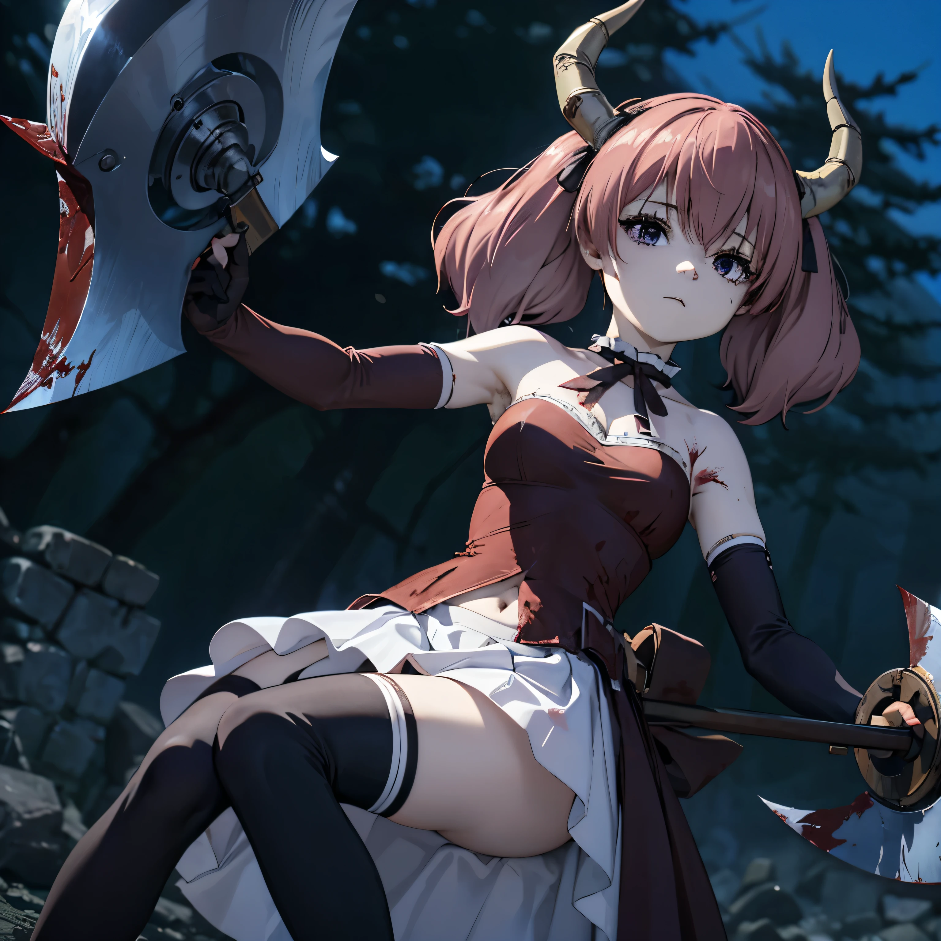 (best quality), (highly detailed), masterpiece, (official art), navel, cleavage, ((navel cutout)), bare shoulders, skirt, thighhighs, black thighhighs, gloves, strapless dress, white skirt, choker, black gloves, elbow gloves, necklace, red waist cape, zettai ryouiki, horn, thigh boots, 1girl, solo, medium breast, lineye, short twintails, hair between eyes, pink hair, medium hair, dark red hair ribbon, pointy ears, purple eyes, (((axe, holding axe))), (((blood on face, blood on clothes)))