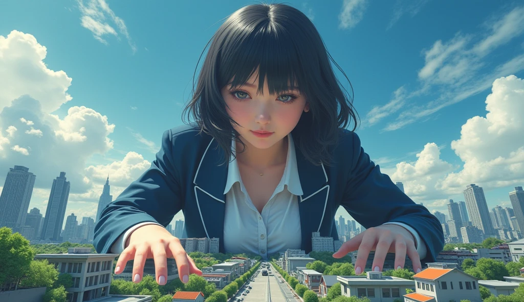 tmasterpiece，Best quality at best， 4K， A high resolution， Top view， Top angle of view，A giantess，full bodyesbian，（sitted：1.3），Modern high-rise，s the perfect face，Glossy glossy skin，Feminine expression，Black color hair，oppai，JK school uniform，black lence stockings