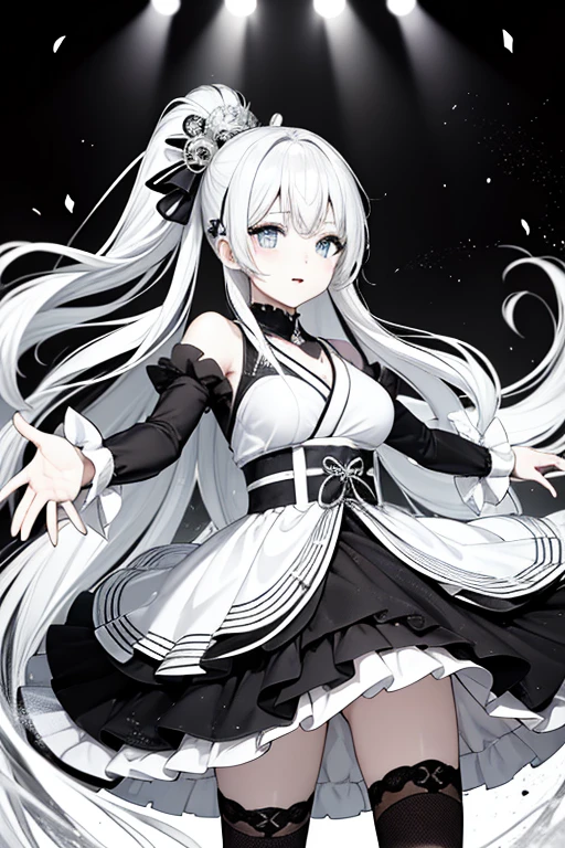 1 skinny short girl looking back, swaying back, absurdly long straight white hair, blunt bangs, (bouncing unaligned inconceivably huge breasts:1.5), inconceivably thin waist, short black capelet, (thigh gap), too short skirt, looking at viewer, multicolored rainbow eyes, frilled white shirts, smile for viewer, nose blush