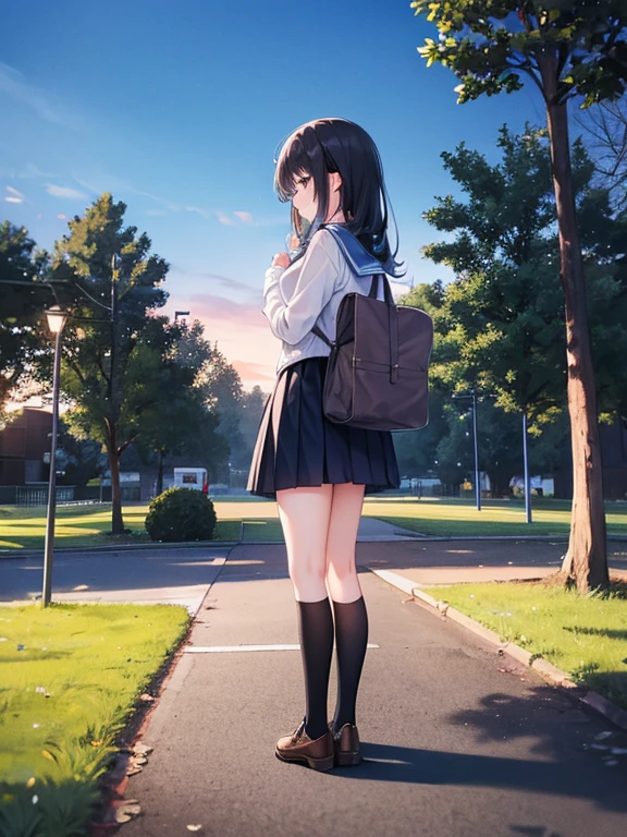 A high school girl pees standing up in a park in the evening