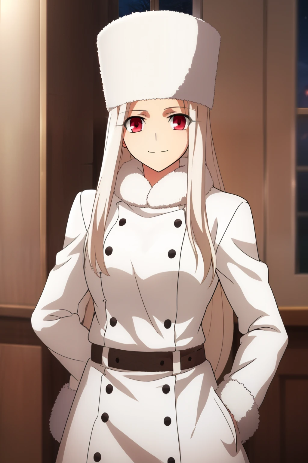 Irisviel Von Einzbern, upper body, (large breasts), oversized breasts, long hair, (platinum-blonde hair), white fur coat, (belt), white fur hat, solo, facing the viewer, looking at the viewer, smile, closed mouth, hands put together, indoors, night time, dark,