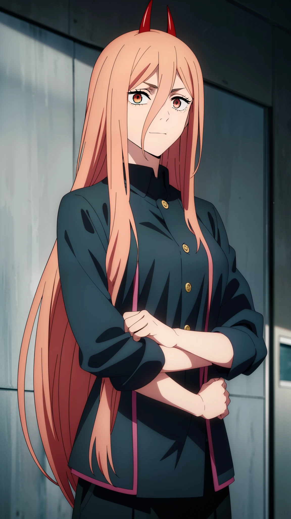 (high-quality, breathtaking),(expressive eyes, perfect face) 1girl, female, solo, teenager, pink hair, yellow and red eye color, long hair length, looking at viewer, half body, bright smile, kind face, cheerful expression, red sharp horns, anime shark teeth, dark black blue long sleeved shirt, collared shirt, dark black blue pants, jujutsu kaisen uniform, jujutsu high school uniform, flowy hair, feminine face, long straight hair, grey background, portrait, stylized hairstyle, Power from chainsaw man inspired, (vibrant light pink hair), powers eyes design