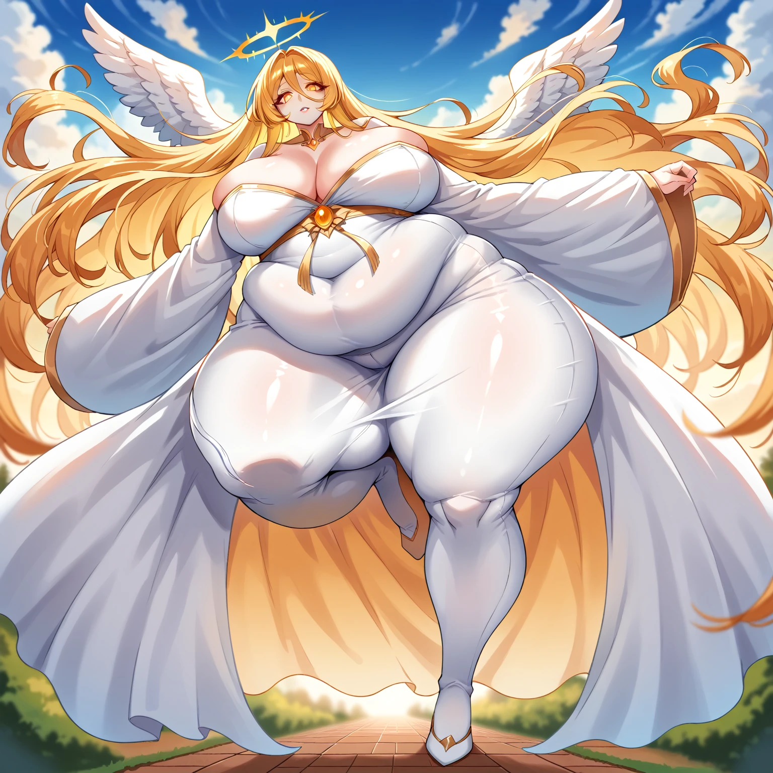 a sexy morbidly obese ssbbw anime woman, 1girl, female, milf, older, lipstick, angel extremely detailed fat legs, beautiful detailed eyes, beautiful detailed lips, ((completely clothed)), ((wearing flowing robes)), halo, wings , golden anime eyes, human face, moe eyes, intense expression, massive breasts, massive belly, human figure, pale skin, extremely detailed eyes and face, long eyelashes, extremely long golden glowing hair, serene expression, golden eyes, extremely detailed skin texture, dynamic pose, looming over viewer, standing, extreme depth of field, vibrant colors, masterpiece, highly detailed, extreme depth of field, feet take pov. BACKGROUND heaven, clouds