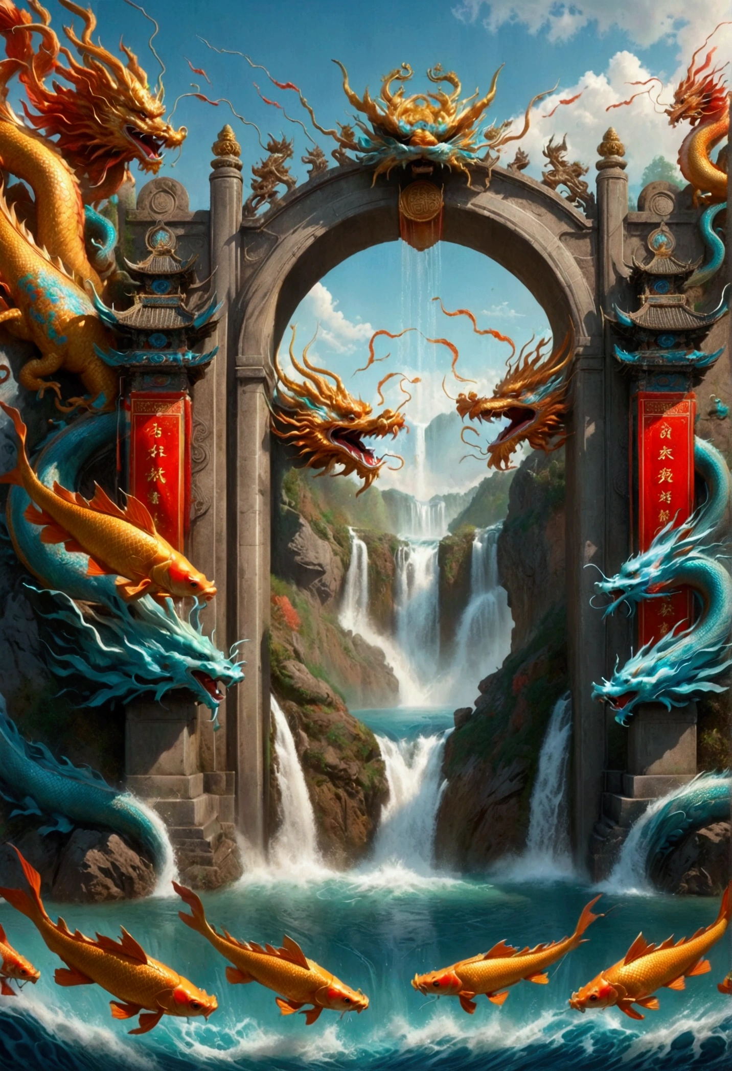 scene of Carp passing through the gate of heaven and turning into a dragon, one at the top turns into a carp with the head of a dragon, Chinese dragons are very beautiful, many carp are jumping from the water surface above the waterfall, Depth of field perspective Large, Vivid waterfall effects and details, Excellent image quality, High resolution