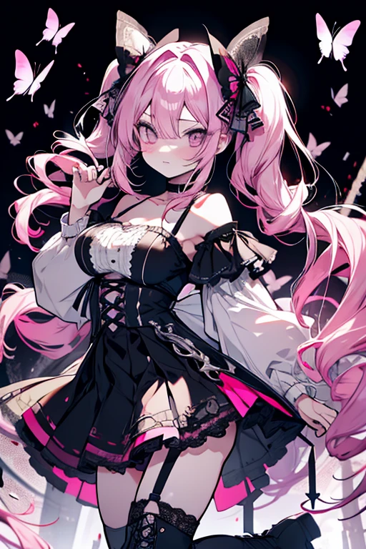 one piece ghost princess perona, ghost and sakura aura, holding a cute umbrella, black pink gothic outfit, hair tied into two curly pigtails with black and white flower hairpins, perfect body shape, wearing black top hat with ribbon, masterpieces, light make up, ghost effect, 4k wallpaper quality