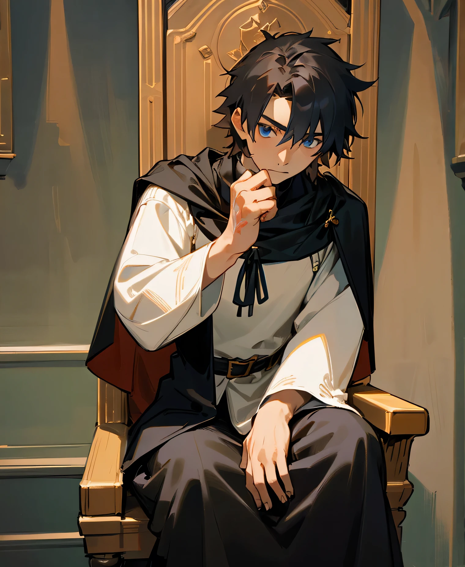 A young medieval mage sitting, he's sitting on a chair in a castle room, he's looking at the viewer, he's wearing a black cape with white shirt underneath and his hair black, High Resolution, Masterpiece, medieval setting, medieval mage, medieval cape, medieval tunic,