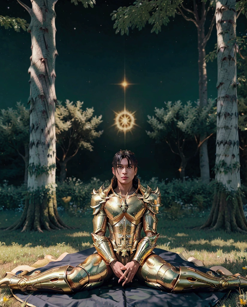 young man in a golden armor, sit in a loto position, floating in the air, in a field with trees, unreal engine render saint seiya, saint seiya, knights of zodiac, beautiful, celestial golden aura, angelic golden armor,  golden shoulder pads