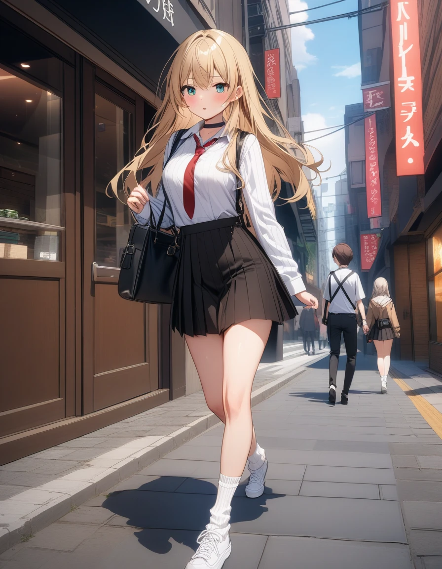 masterpiece, highest quality, High resolution, kitagawa marin sb, The centre of gravity is at the rear, 1 girl, blonde hair, long hair, colorful hair, red eyes, jewelry, earrings, earrings, , white shirt, tide shirt, black choker, blue tie, plaid skirt, (full body), white panties,(show panties:1.3), (panty shot:1.3), ((the chest of the shirt is open)), outdoor, shopping