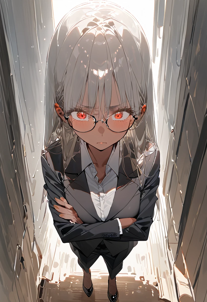 Grey Hair，Long Hair，Straight hair，Brown skin，Sunburned skin，Glasses，Mature Woman，Long eyelashes，suit，Sharp Eyes，Standing，Cross your arms