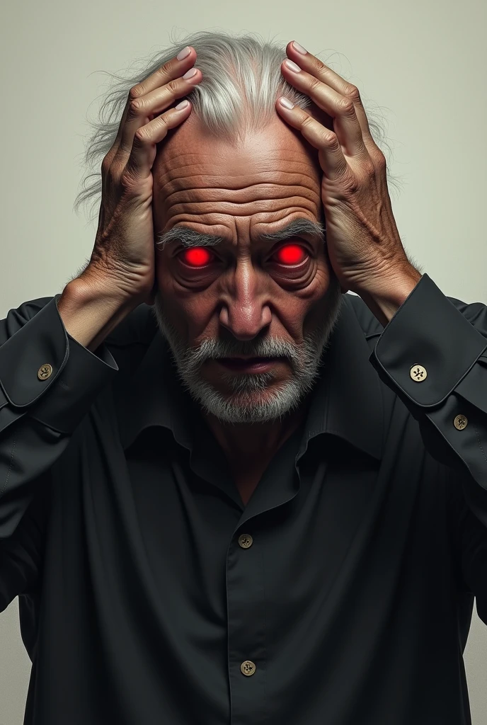 A close-up of the old man's terrifying face with glowing red eyes.