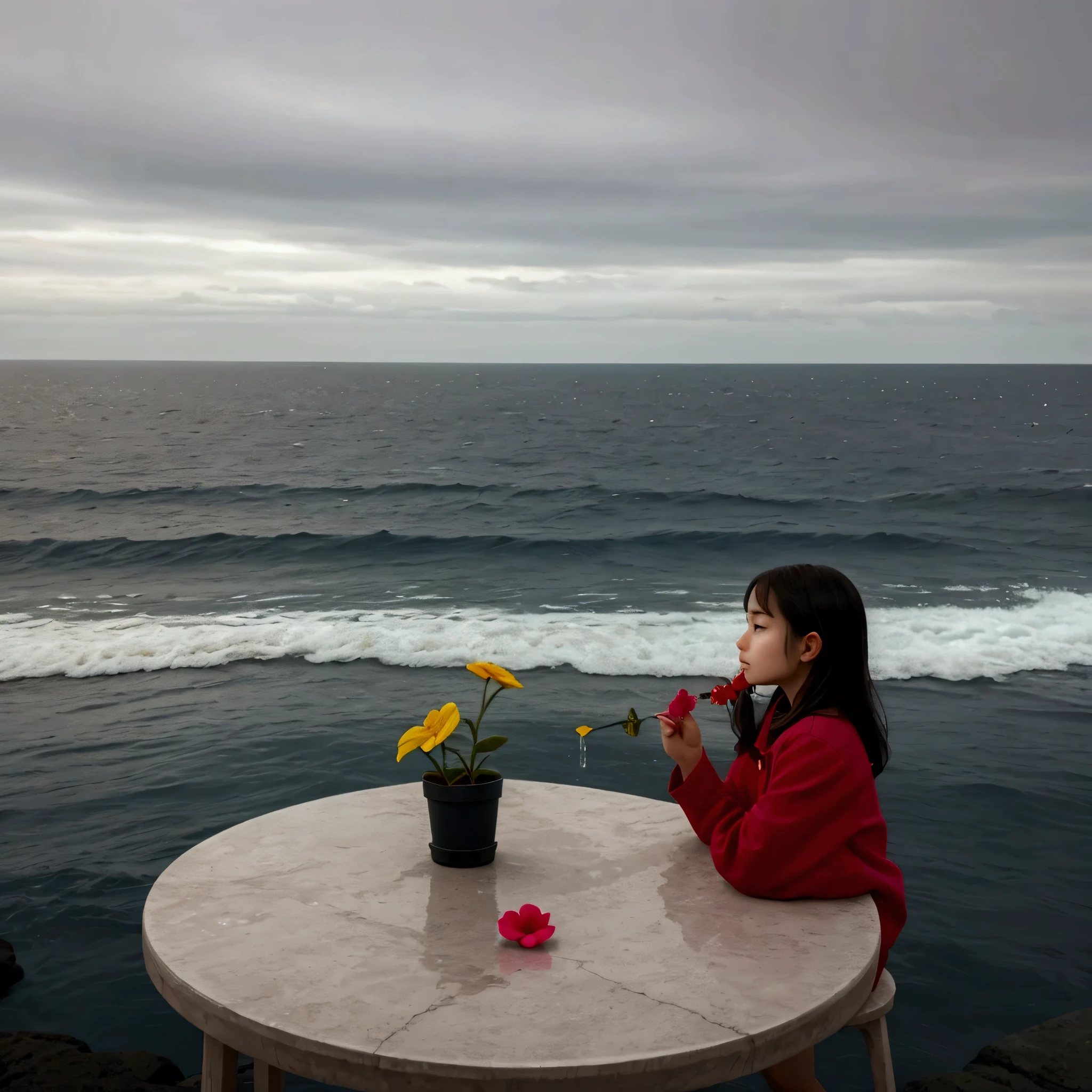 a  girl,watering a small flower on a tiny table at the edge of a vast ocean on a grey afternoon,distant horizon,detailed face and expression,delicate hands,beautiful detailed eyes,beautiful detailed lips,extremely detailed eyes and face,longeyelashes,serene,golden hour lighting,oil painting,soft colors,muted tones,photorealistic,highly detailed,8k,best quality,(realistic:1.37),(photorealistic:1.37),(masterpiece:1.2),ultra-detailed,physically-based rendering,extreme detail description,professional