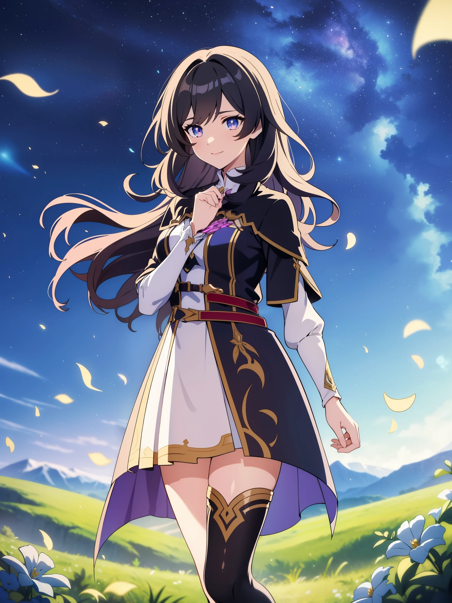 (high-quality, breathtaking),(expressive eyes, perfect face) portrait, 1girl, female, solo, , black hair, pink eye color, medium hair length, soft wavy hair, gentle smile, loose hair, side bangs, looking at viewer, portrait, full shot, happy expression, ribbon in hair, flower in hair, fantasy clothing, elegant, mature, height 4"3, adventurer attire, warlock attire, warlock profession, short height, Dungeons & Dragons character, jacket, dress, cape, winged cape, Firefly Honkai Star Rail Character, starry sky, dawn in the distance, shooting stars, backgroound, flower field, scenary, cloudy sky, grass, trees, flower petals, leafs, white flower, field, blue flower, standing in field of flowers, boots, black thigh socks