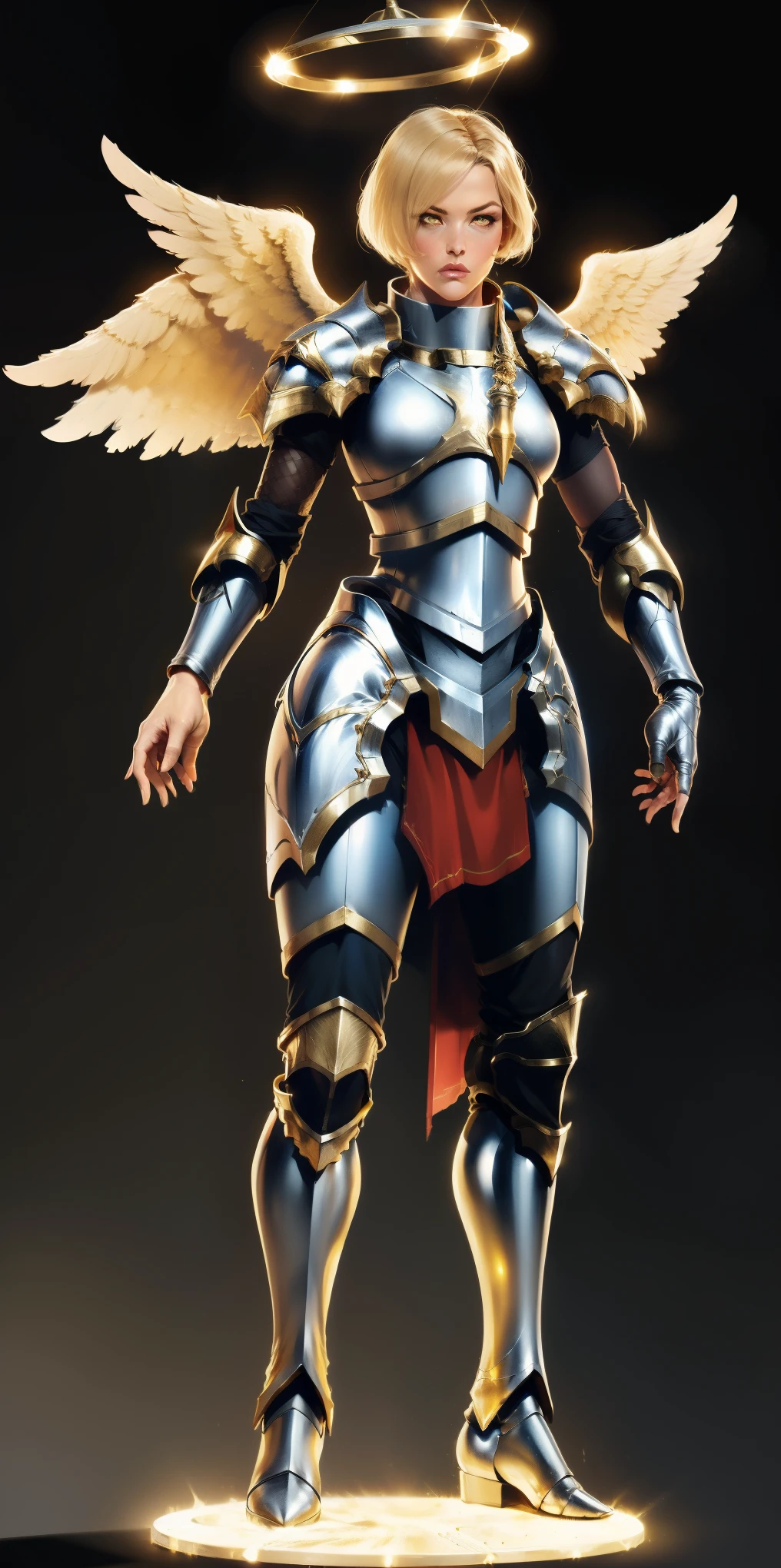 (black background) low angle, from below, paladin templar lady in white tabard, legwear, glowing yellow eyes, collar, golden chainmail, wide hips, barefoot, angel wings, pauldrons, halo, bob cut, blonde, eye focus, red cape, detailed, cinematic, fantasy