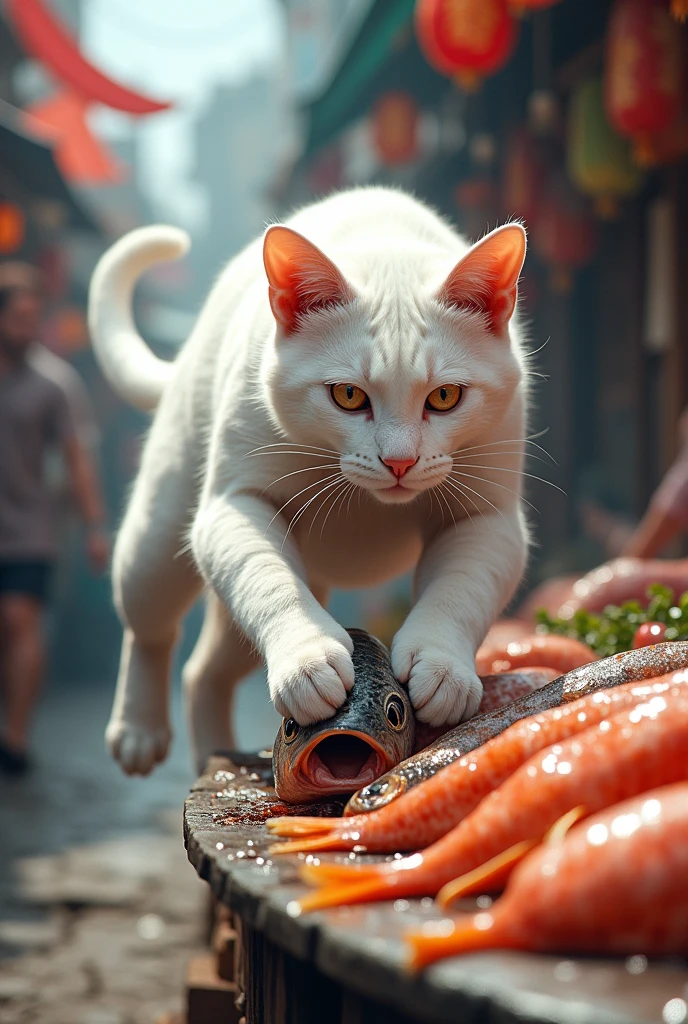A muscular smart white cat with kitten catch tha fish in the market