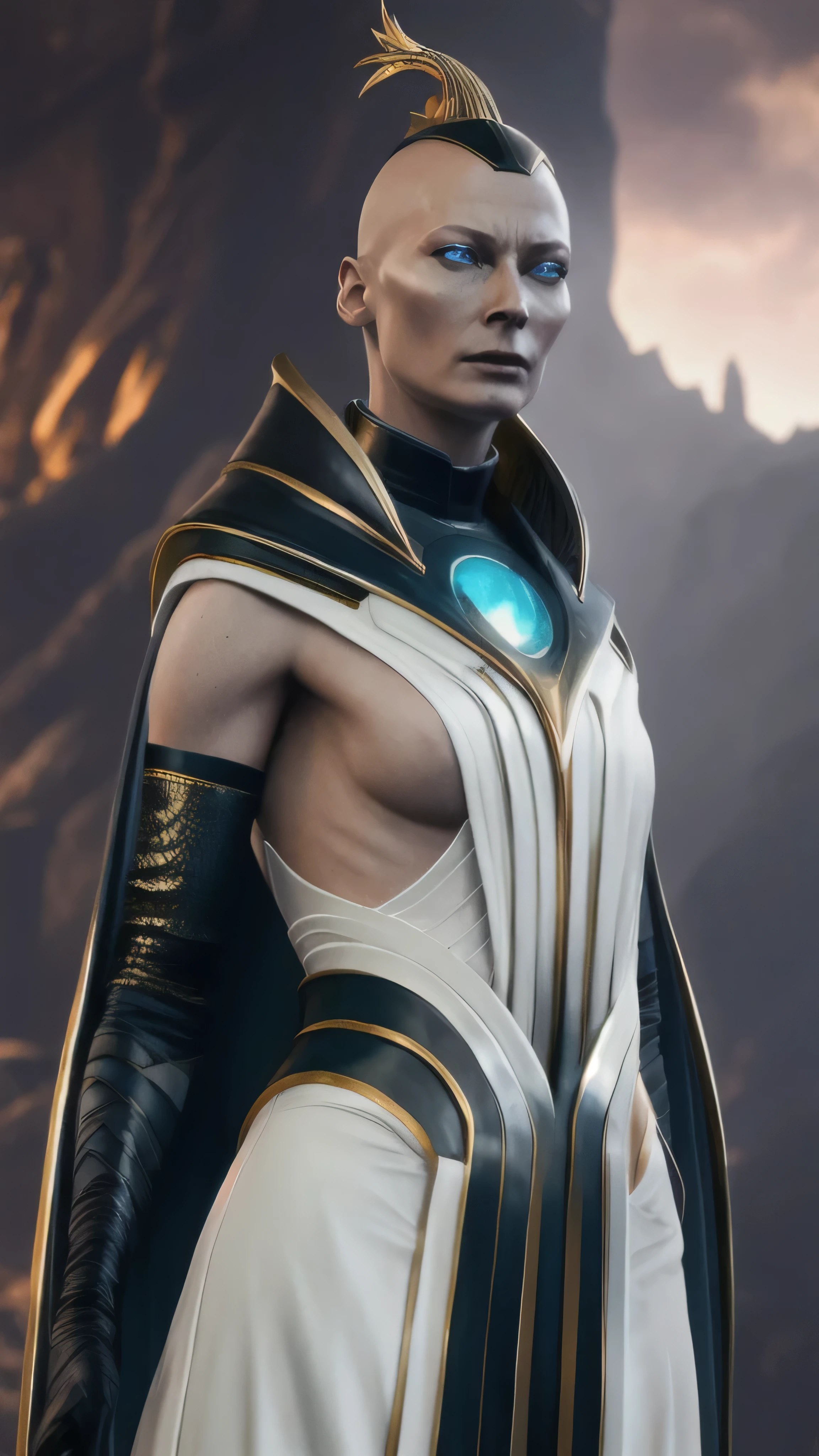 (Tilda Swinton) as Kronika from Mortal Kombat, blue eyes, black sclera, bald, gold head cap, makeup, white robe, sideboob, standing, smug, abyss, milky way, (insanely detailed, beautiful detailed face, masterpiece, best quality), cinematic lighting, 1woman, solo, full body view, front view, looking at viewer, intricate, high detail, sharp focus, dramatic, photorealistic painting art by greg rutkowski