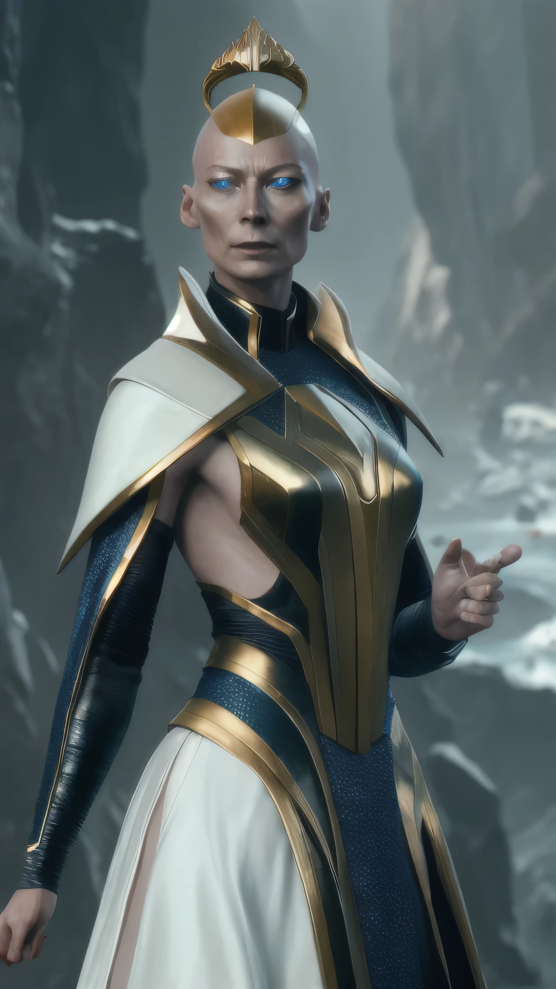 (Tilda Swinton) as Kronika from Mortal Kombat, blue eyes, black sclera, bald, gold head cap, makeup, white robe, sideboob, standing, smug, abyss, milky way, (insanely detailed, beautiful detailed face, masterpiece, best quality), cinematic lighting, 1woman, solo, full body view, front view, looking at viewer, intricate, high detail, sharp focus, dramatic, photorealistic painting art by greg rutkowski