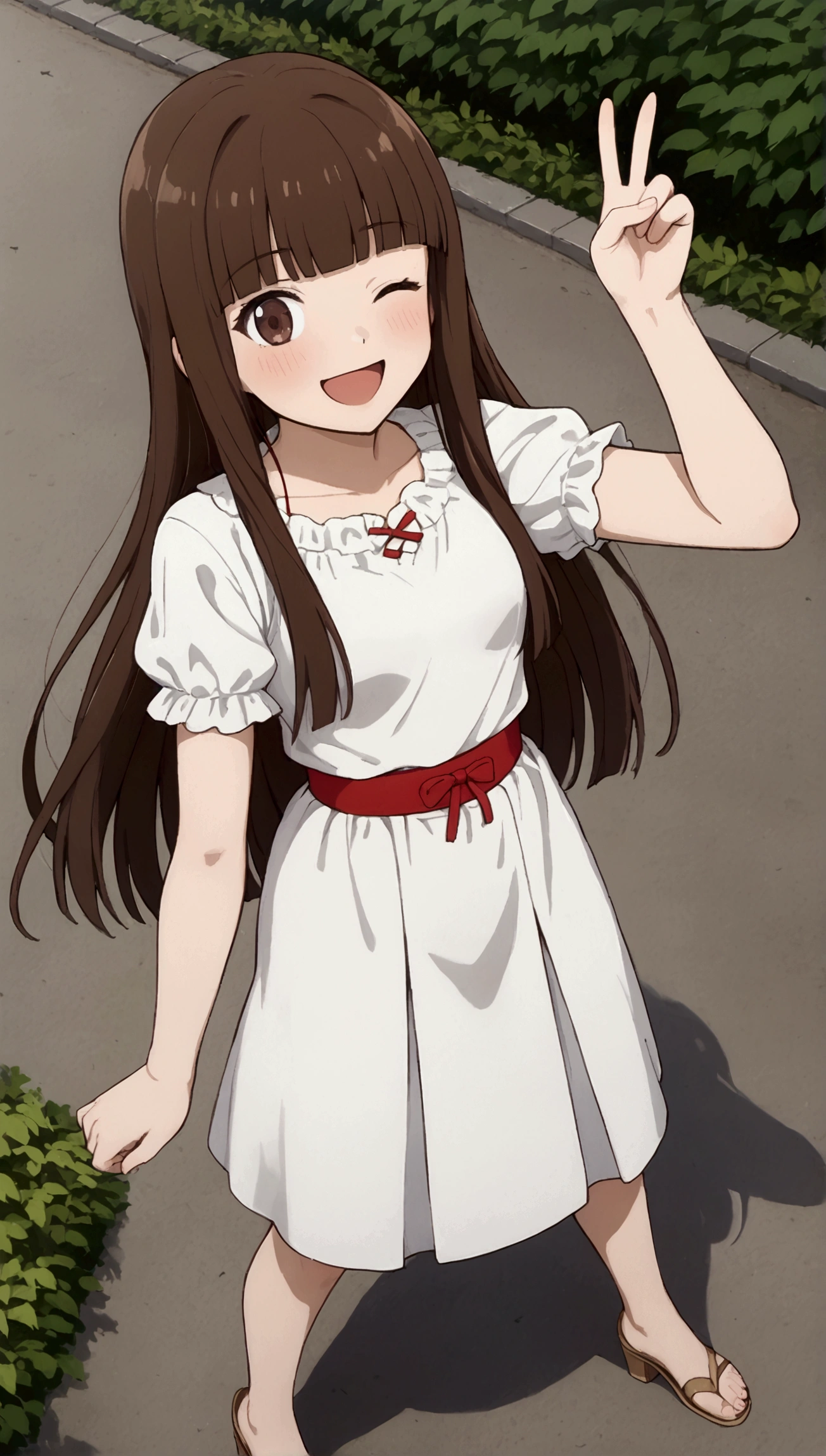 {Best Quality}, {so beautiful},{Ultra-fine},{Best illustrations},Brown Hair,Hime cut,Long Hair,Braiding,Standing woman,Adult women,smile,Excited face,Wink,Short sleeve,Black long skirt,Around town,Summer Festival,blush,thin,Bare feet with white heeled sandals,From an angle,From above,Spread your legs