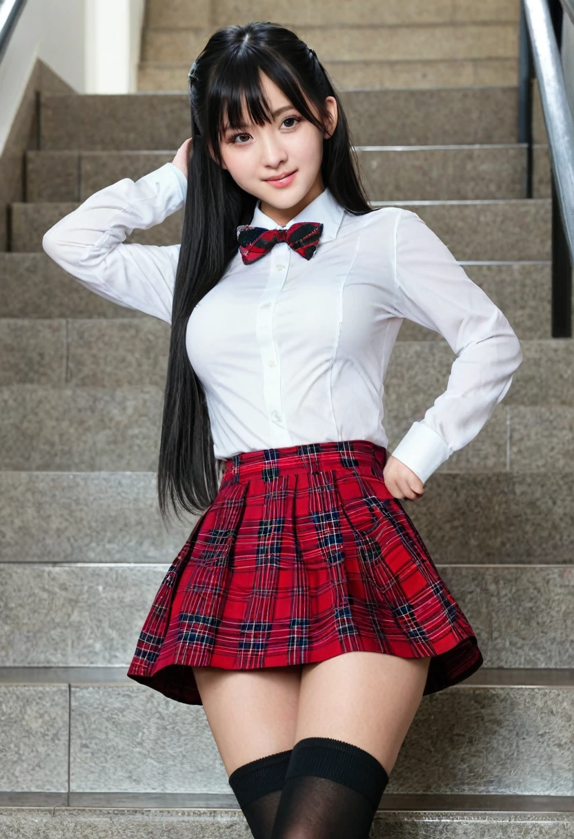 girls in school classroom,long-sleeved white leotard with plaid frill skirt,red bow tie,18-year-old,bangs,a little smiles,thighs,knees,crotch,low ponytail,from below