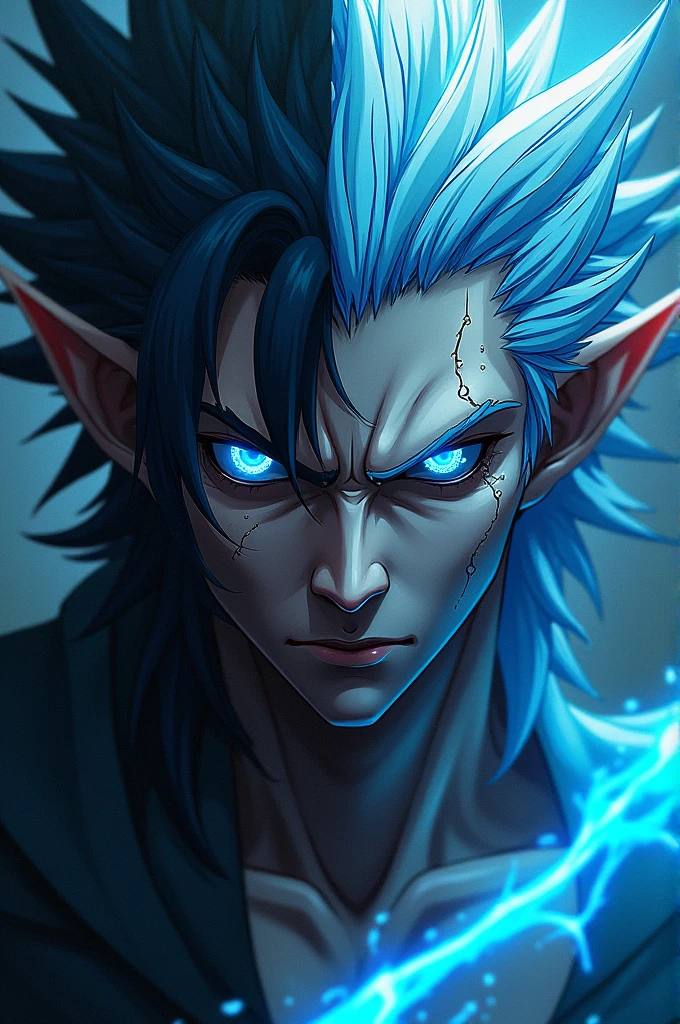 score_9, score_8_up, score_7_up, solo, Kayn (League of Legends), black ponytail with blue streak, bangs, woods at night, shirtless, 1boy, hair between eyes, yellow left eye, red right eye, evil grin, upper body, male focus,