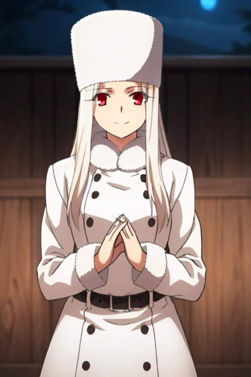 Irisviel Von Einzbern, upper body, (large breasts), oversized breasts, long hair, (platinum-blonde hair), white fur coat, (belt), white fur hat, solo, facing the viewer, looking at the viewer, smile, closed mouth, hands put together, indoors, night time, dark, 