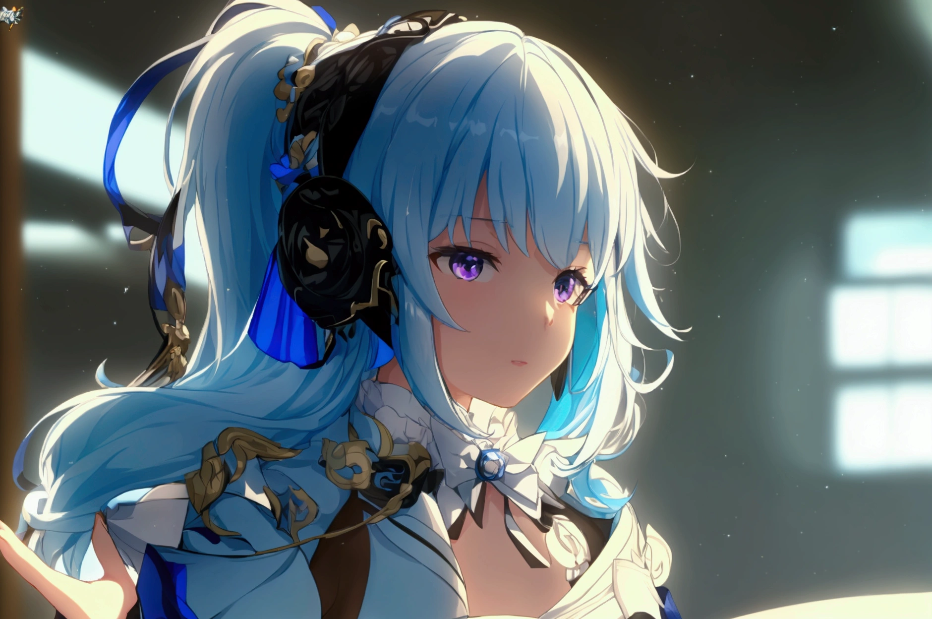 Blue and white hair girl，Wearing a thick white coat，Large collar，Black underwear，Purple eyes，Industrial style clothes，From the first match，From the Ark of Tomorrow，Blue strap decoration，bust，Half-button coat，High ponytail don，small，One person，白いHalf-button coat，Mature Girls，Black pleated skirt