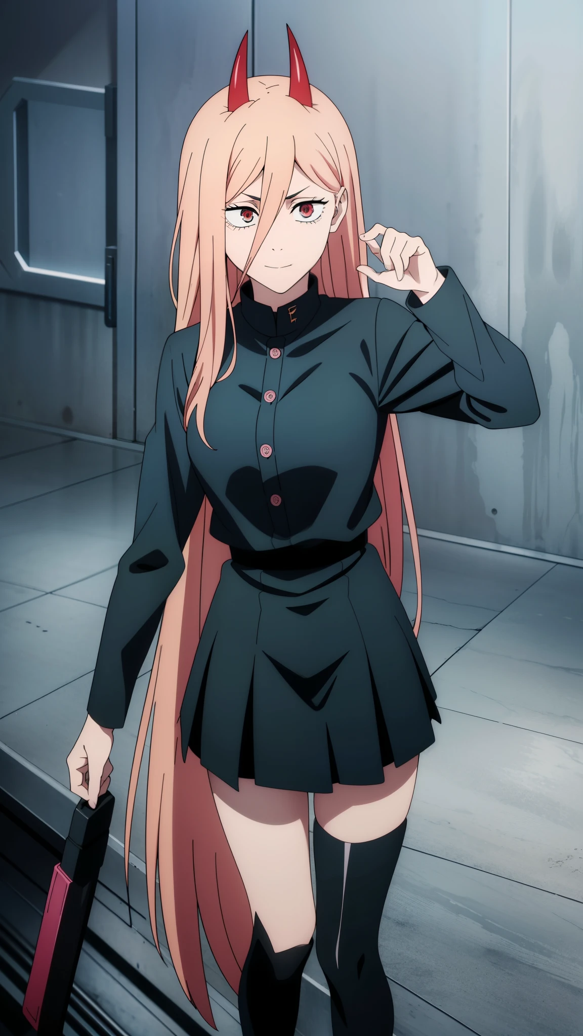 (high-quality, breathtaking),(expressive eyes, perfect face) 1girl, female, solo, teenager, pink hair, yellow and red eye color, long hair length, looking at viewer, half body, bright smile, kind face, cheerful expression, red sharp horns, anime shark teeth, dark black blue long sleeved shirt, collared shirt, ((dark black blue Skirt)), black thigh high socks, absolute territory jujutsu kaisen uniform, jujutsu high school uniform, flowy hair, feminine face, long straight hair, grey background, portrait, stylized hairstyle, Power from chainsaw man inspired, (vibrant light pink hair), powers eyes design