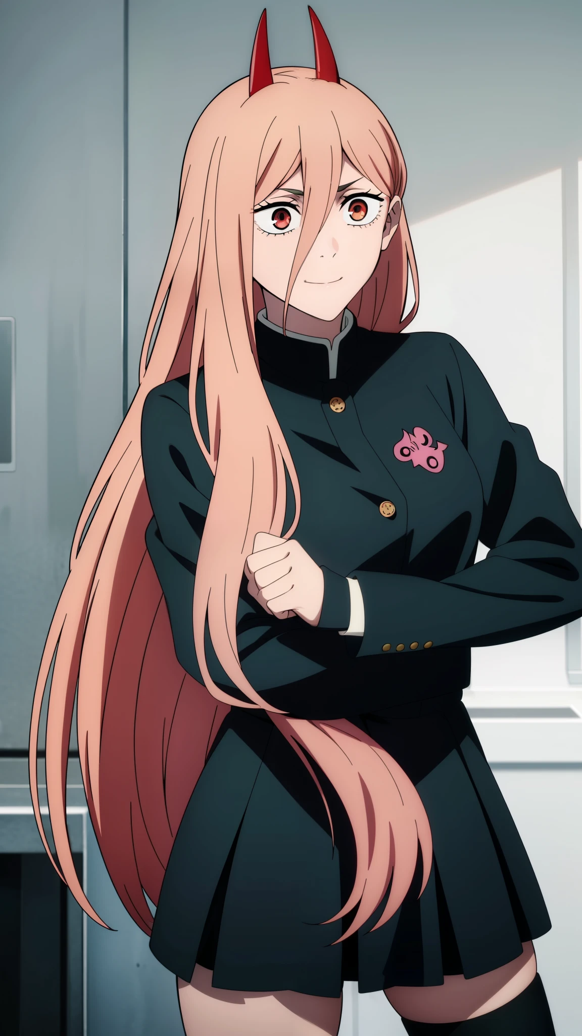 (high-quality, breathtaking),(expressive eyes, perfect face) 1girl, female, solo, teenager, pink hair, yellow and red eye color, long hair length, looking at viewer, half body, bright smile, kind face, cheerful expression, red sharp horns, anime shark teeth, dark black blue long sleeved shirt, collared shirt, ((dark black blue Skirt)), black thigh high socks, absolute territory jujutsu kaisen uniform, jujutsu high school uniform, flowy hair, feminine face, long straight hair, grey background, portrait, stylized hairstyle, Power from chainsaw man inspired, (vibrant light pink hair), powers eyes design