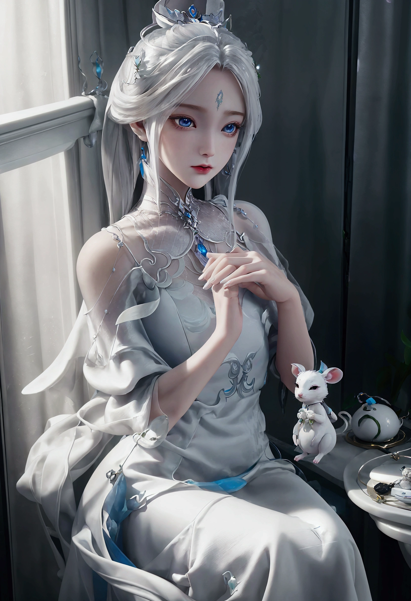 from front, portrait, from above, High resolution, high definition, ultra detailed, 4k, 8k, super masterpiece, BJD and a small white mouse are staring at each other, BJD is modeled after a beautiful 1 woman, life size, Joints in the body are mechanical, BJD are battery powered, BJD are beautiful like sculptures, Hard white porcelain skin that shines white, BJD is sitting on a chair and looking at a white mouse, no makeup, white chignon hair, large glass eyes, Sleeveless white off-shoulder dress with elegant drape and beautiful embroidery, bisque doll, The white mouse is so small that she can wrap it in her hands, The small white mouse stands on two legs on the table, Beautiful fur of a realistic small white mouse, dreamy, aesthetic, gothic style, fantasy, 